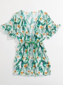 Chicas Kimono con estampado tropical con cordón delantero - Multicolor - Ver 5