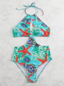 海星印花鏤空連體泳衣 - 彩色 - 查看 6