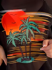 Costavie Tropical Print Triangle Summer Beach Bikini Set With Cover Up - Black - View 4