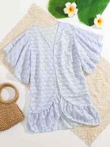 Girls Butterfly Sleeve Ruffle Hem Kimono - Baby Blue - View 1