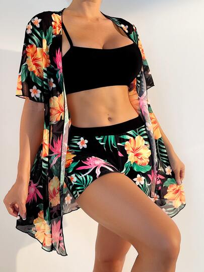 Tropical Print Bikini Set Wireless Cami Top & Boxer Shorts & Open Front Kimono 3 Piece Swimwear,Summer Beach