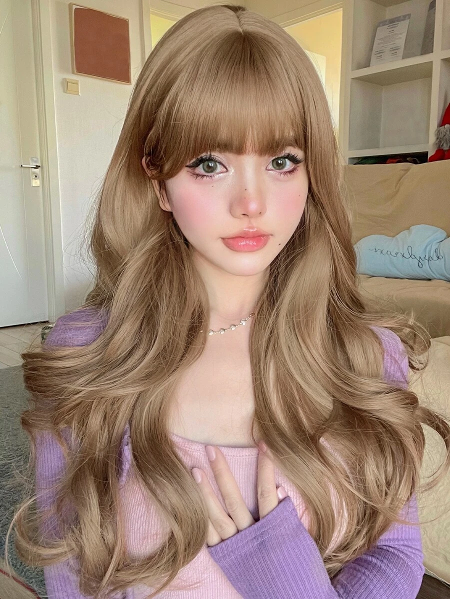 alicegarden 1 Synthetic Heat-Resistant Long Curly Gold Wig ,With Bangs, 26 Inches Long, Made Of Fiber, Suitable For Daily Use, Natural And Realistic Fake Hair - Gold - View 1