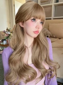 alicegarden 1 Synthetic Heat-Resistant Long Curly Gold Wig ,With Bangs, 26 Inches Long, Made Of Fiber, Suitable For Daily Use, Natural And Realistic Fake Hair - Gold - View 3
