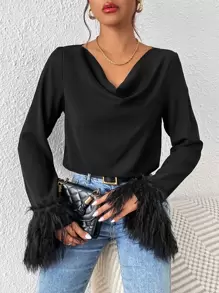 Chiquease Draped Collar Fuzzy Cuff Blouse - Black - View 1