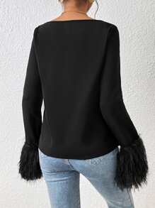 Chiquease Draped Collar Fuzzy Cuff Blouse - Black - View 2