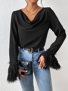 Chiquease Draped Collar Fuzzy Cuff Blouse - Black - View 5