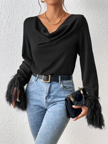Chiquease Draped Collar Fuzzy Cuff Blouse - Black - View 6