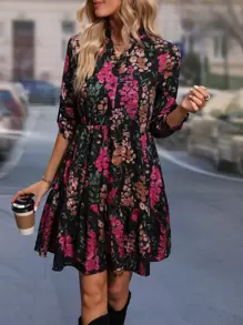 SHEIN Clasi 优雅花卉印花长袖连衣裙，适合通勤 - 黑色 - 查看 4