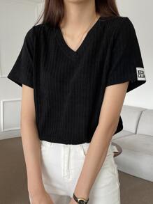 DAZY Camiseta tejida de canalé con diseño de parche de letra - Negro - Ver 2