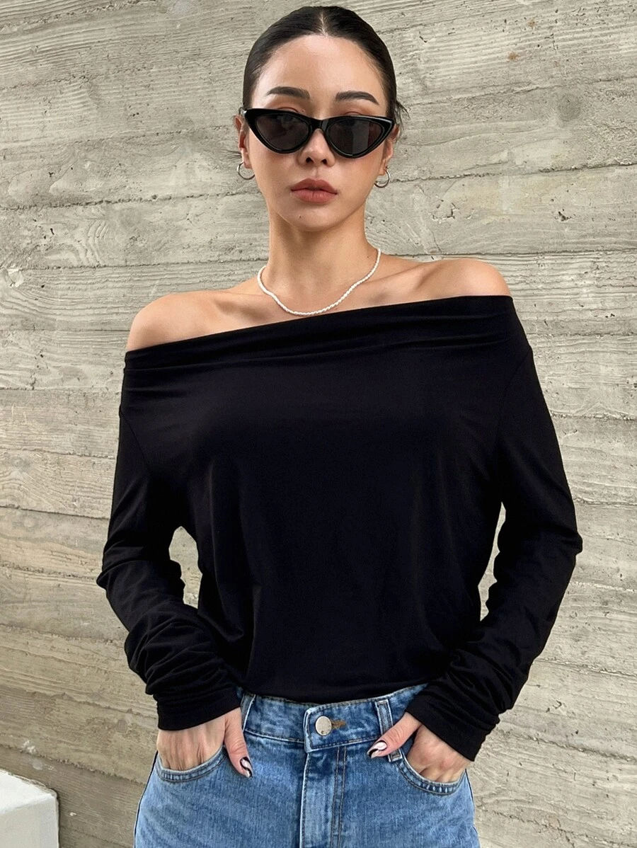 DAZY Chất rắn Off Shoulder Áo thun - màu đen - Xem 1