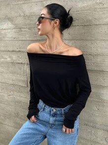 DAZY Chất rắn Off Shoulder Áo thun - màu đen - Xem 3