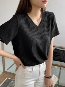 DAZY Camiseta tejida de canalé con diseño de parche de letra - Negro - Ver 7