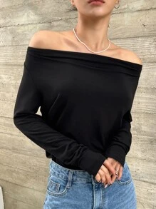 DAZY Chất rắn Off Shoulder Áo thun - màu đen - Xem 4
