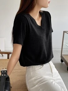 DAZY Camiseta tejida de canalé con diseño de parche de letra - Negro - Ver 9