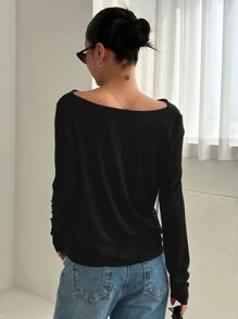 DAZY Chất rắn Off Shoulder Áo thun - màu đen - Xem 6