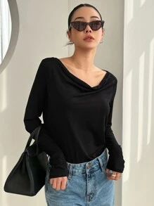 DAZY Chất rắn Off Shoulder Áo thun - màu đen - Xem 7