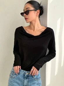 DAZY Chất rắn Off Shoulder Áo thun - màu đen - Xem 8
