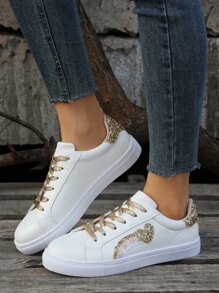 Glitter Heart Decor Lace-up Front Skate Shoes - White - View 1