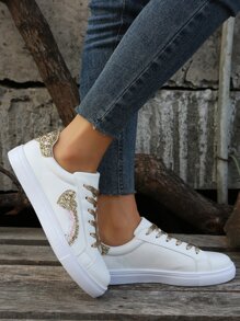 Glitter Heart Decor Lace-up Front Skate Shoes - White - View 2