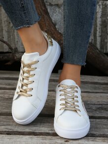 Glitter Heart Decor Lace-up Front Skate Shoes - White - View 4