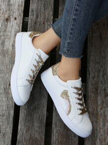 Glitter Heart Decor Lace-up Front Skate Shoes - White - View 5