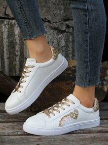 Glitter Heart Decor Lace-up Front Skate Shoes - White - View 6