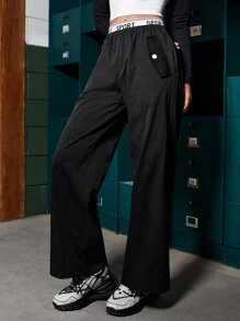 SHEIN EZwear Letter Tape Waist Flap Detail Wide Leg Trousers - Black - View 3