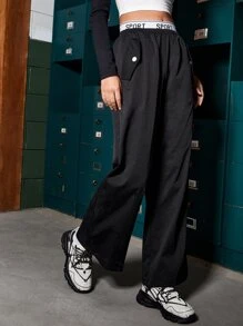 SHEIN EZwear Letter Tape Waist Flap Detail Wide Leg Trousers - Black - View 5