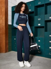 SHEIN EZwear Letter Graphic Raglan Sleeve Crop Top & Sweatpants - Navy Blue - View 5