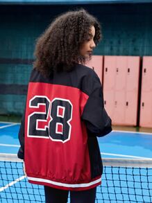 SHEIN EZwear Letter Graphic Colourblock Striped Trim Drop Shoulder Varsity Jacket - Multicolor - View 1