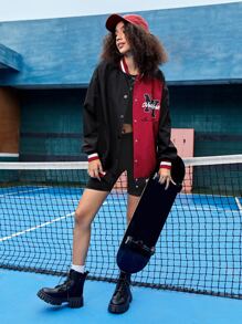 SHEIN EZwear Letter Graphic Colourblock Striped Trim Drop Shoulder Varsity Jacket - Multicolor - View 3