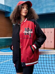 SHEIN EZwear Letter Graphic Colourblock Striped Trim Drop Shoulder Varsity Jacket - Multicolor - View 4