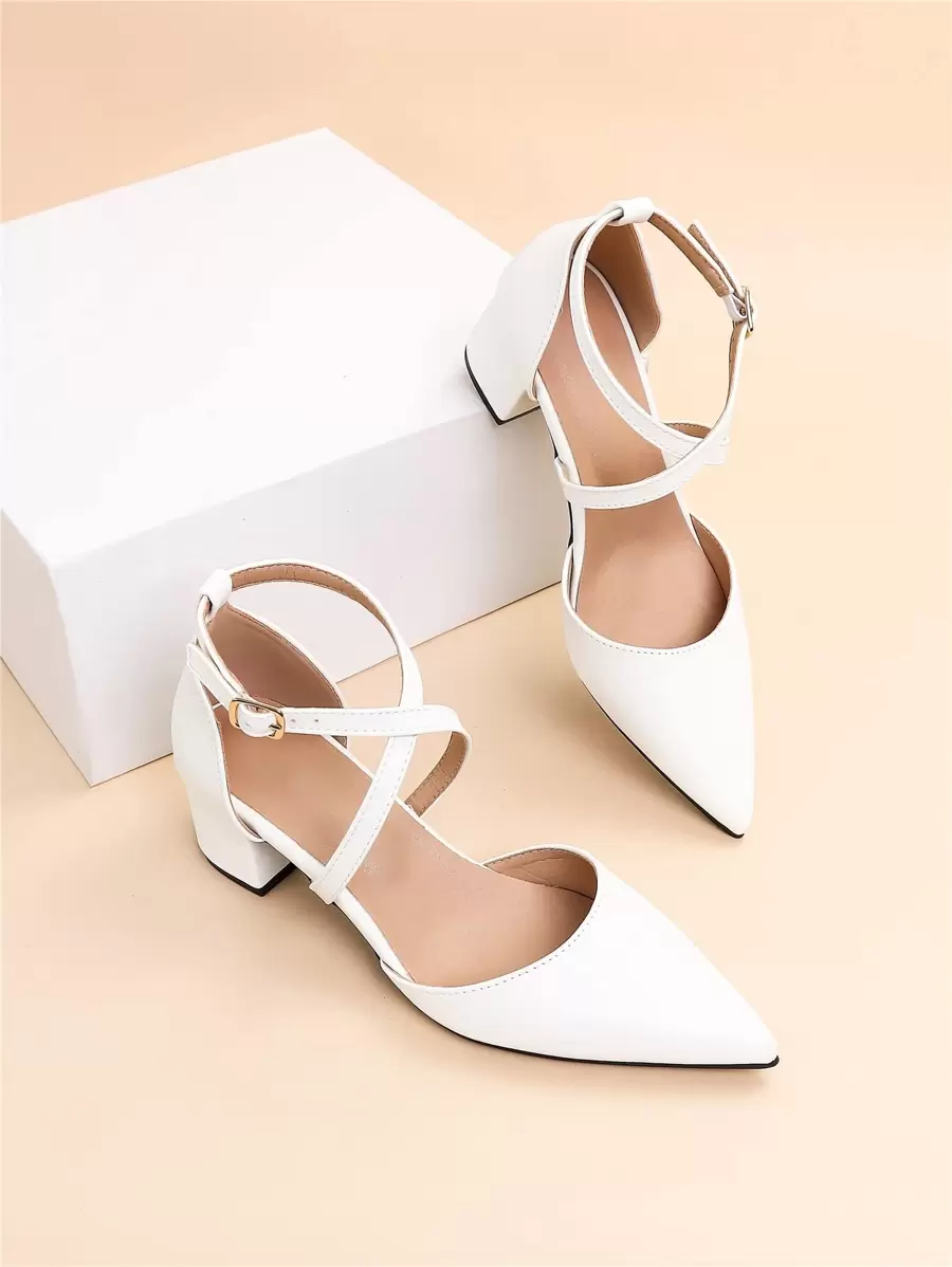 Fall/Winter Women Criss Cross Point Toe Chunky Heeled Ankle Strap Pumps, Fashion Outdoor Pumps,Elegant - White - View 1