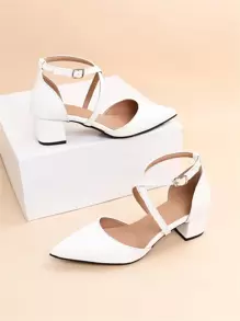 Fall/Winter Women Criss Cross Point Toe Chunky Heeled Ankle Strap Pumps, Fashion Outdoor Pumps,Elegant - White - View 3