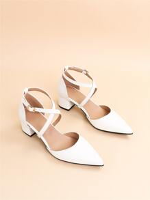Fall/Winter Women Criss Cross Point Toe Chunky Heeled Ankle Strap Pumps, Fashion Outdoor Pumps,Elegant - White - View 6