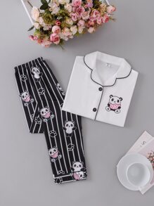 Conjunto De Ropa Para El Hogar Con Pantalones A Rayas Y Top De Manga Larga Con Estampado De Panda Para Niña (grande) - Blanco y Negro - Ver 1