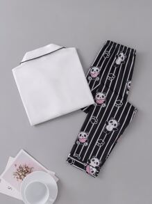 Conjunto De Ropa Para El Hogar Con Pantalones A Rayas Y Top De Manga Larga Con Estampado De Panda Para Niña (grande) - Blanco y Negro - Ver 2