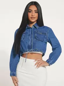 SHEIN SXY Drawstring Hem Crop Denim Shirt - Medium Wash - View 1