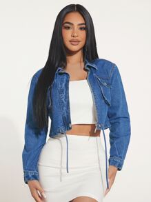 SHEIN SXY Drawstring Hem Crop Denim Shirt - Medium Wash - View 5