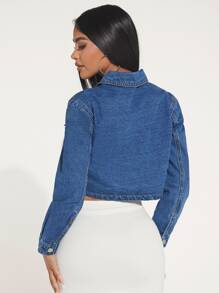 SHEIN SXY Drawstring Hem Crop Denim Shirt - Medium Wash - View 3