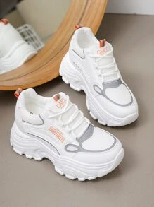 Letter Patch Decor Mesh Panel Lace-up Front Wedge Sneakers - Orange - View 4