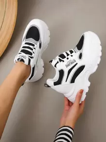 Letter Patch Decor Mesh Panel Lace-up Front Wedge Sneakers - Black - View 1