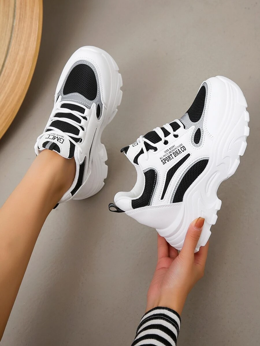 Letter Patch Decor Mesh Panel Lace-up Front Wedge Sneakers - Black - View 1