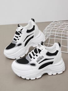 Letter Patch Decor Mesh Panel Lace-up Front Wedge Sneakers - Black - View 3