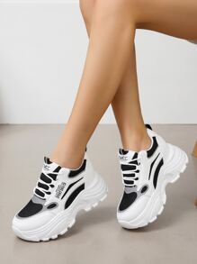 Letter Patch Decor Mesh Panel Lace-up Front Wedge Sneakers - Black - View 2