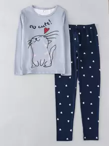 Girls Cartoon & Slogan Graphic Snug Fit PJ Set - Multicolor - View 1