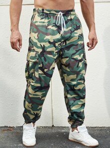Manfinity Men Camo Print Flap Pocket Drawstring Waist Cargo Trousers - Multicolor - View 3