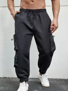 Manfinity Men Flap Pocket Side Drawstring Waist Cargo Trousers - Black - View 1