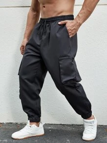 Manfinity Men Flap Pocket Side Drawstring Waist Cargo Trousers - Black - View 4