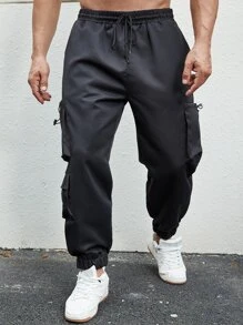 Manfinity Men Flap Pocket Side Drawstring Waist Cargo Trousers - Black - View 5